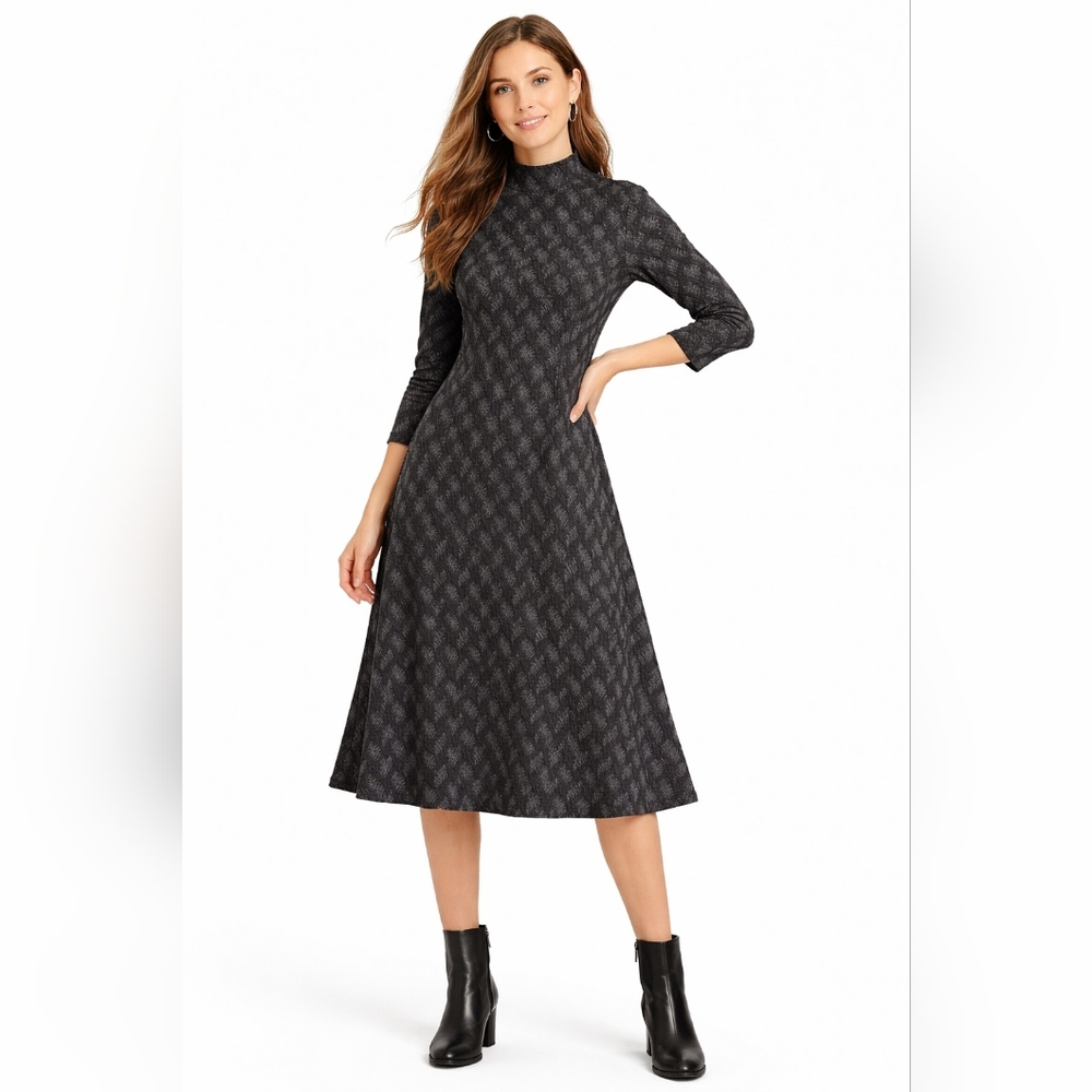 ​Cato XS Mock Neck Textured Dress Black Gray A-Line Sweater Knit Midi
